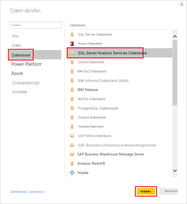 Verbinden mit der SQL Server Analysis Services-Datenbank