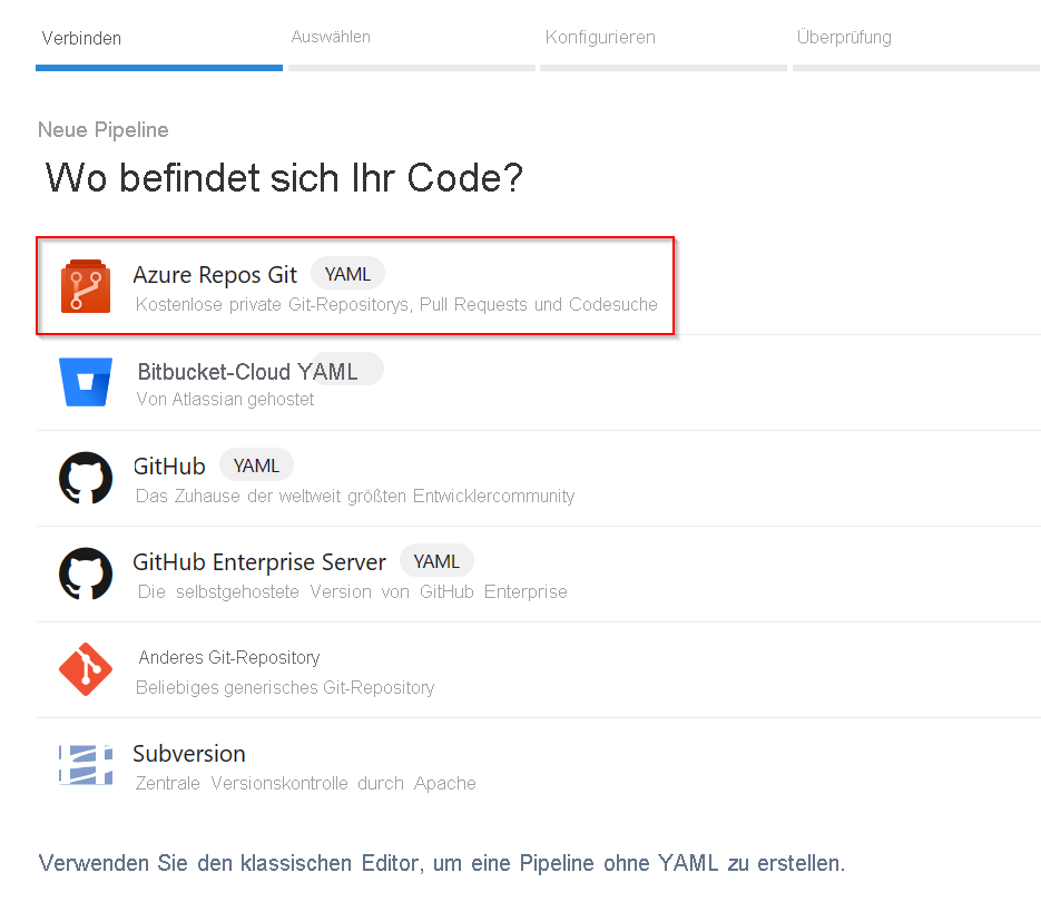 Screenshot: Azure-Repository-Git, das als Codequelle für die Pipeline ausgewählt wurde