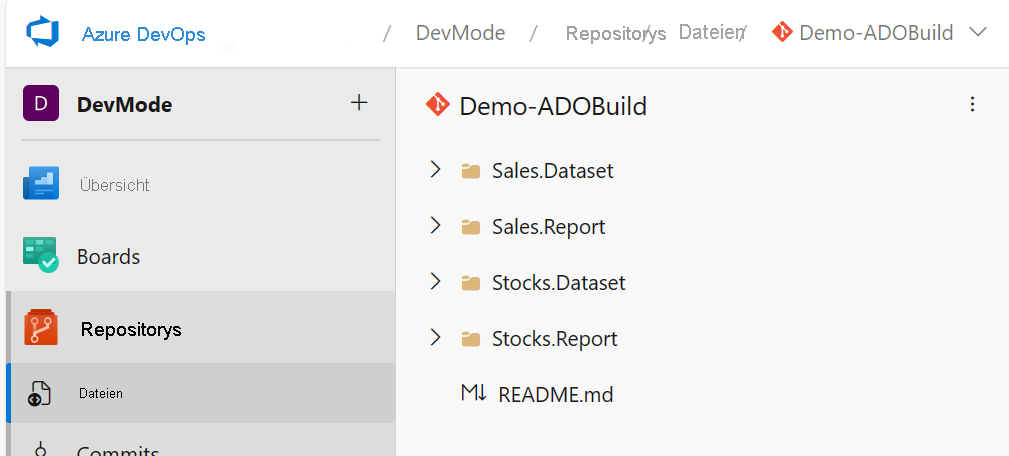 Screenshot: Azure DevOps-Branch mit Ordnern für verschiedene Arbeitsbereichselemente