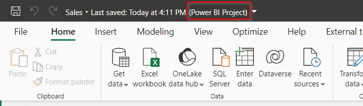 Bildschirmausschnitt mit Power BI Desktop-Titel beim Speichern im Projekt.