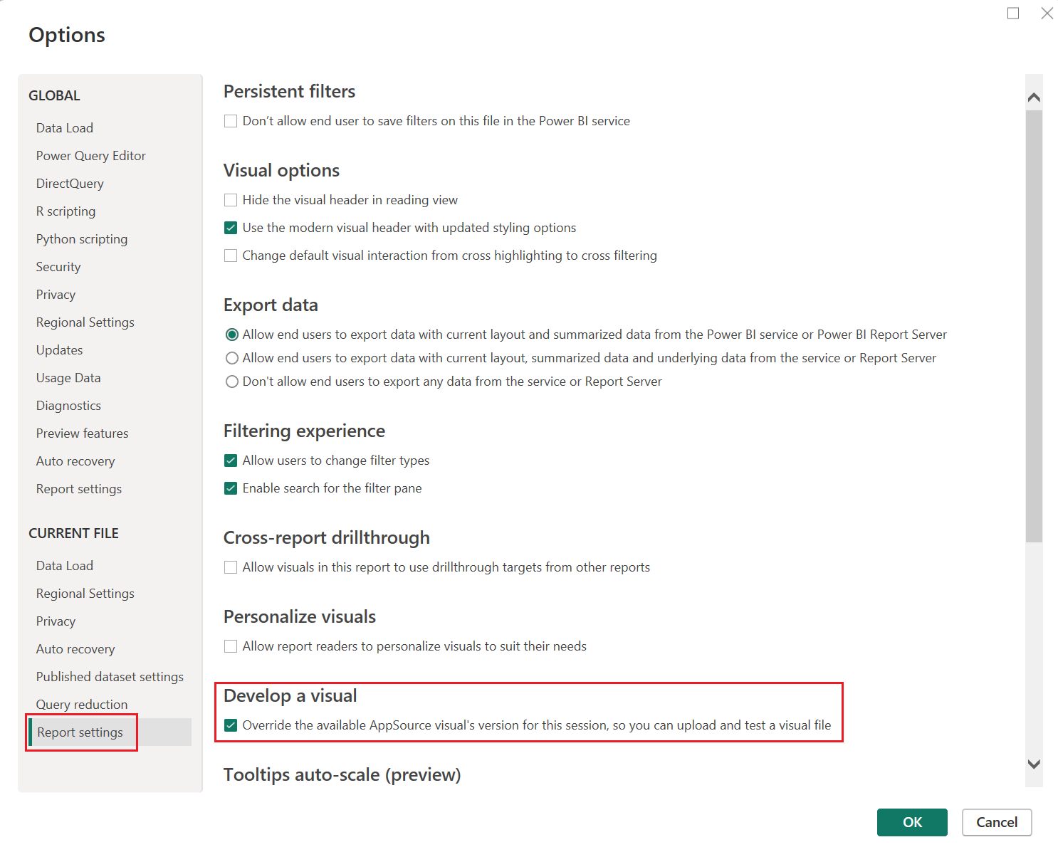 Screenshot: Aktivierter Entwicklermodus in Power BI Desktop.