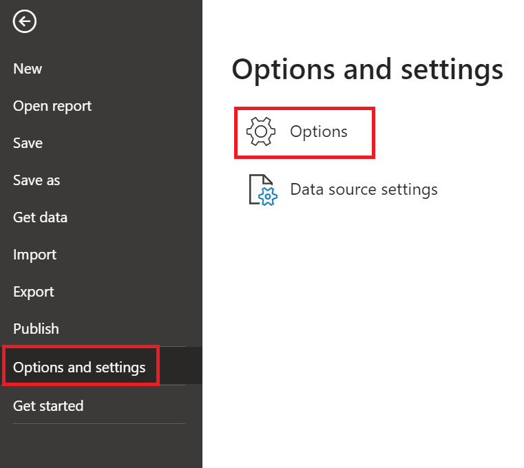 Screenshot des Menüs „Optionen“ in Power BI Desktop.