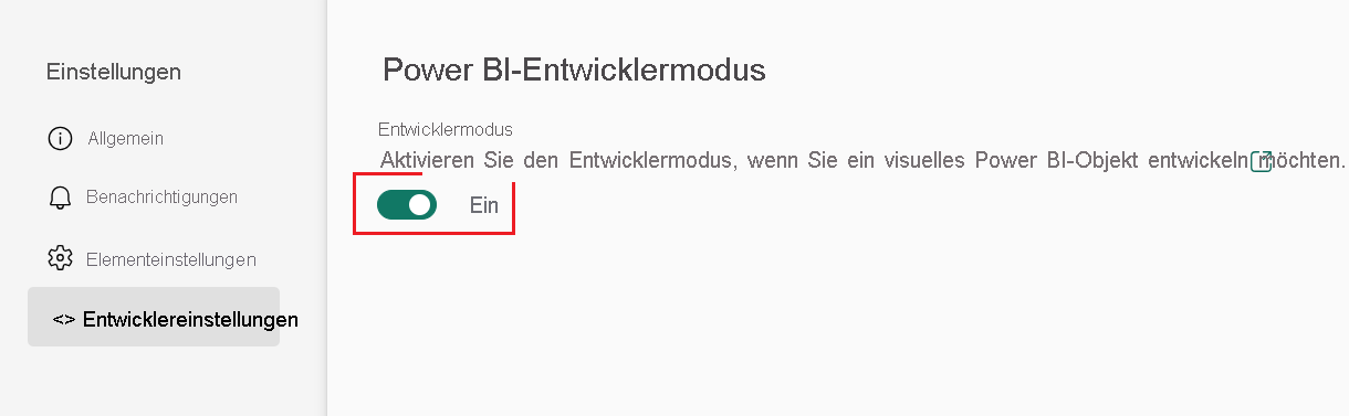 Screenshot des Entwicklermodus aktivieren in den Power BI-Einstellungen, Registerkarte 