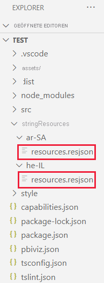 Screenshot eines Projektordners für visuelle Elemente aus VS Code. Jeder Unterordner im Ordner für Zeichenfolgenelemente weist eine RESJSON-Datei für Ressourcen auf.