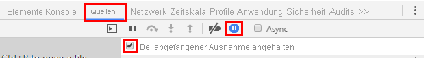 Screenshot der Registerkarte „Quellen“ mit ausgewählter Option „Bei abgefangener Ausnahme angehalten“