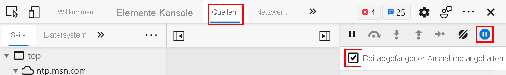 Screenshot der Registerkarte „Debugger“ mit ausgewählter Option „Bei allen Ausnahmen unterbrechen“