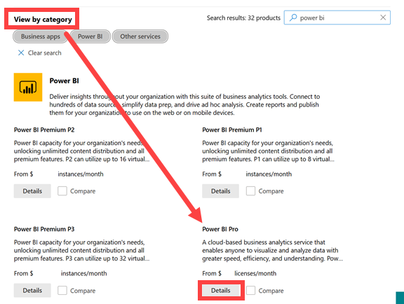 Screenshot der Power BI-Optionen für den Dienstkauf.