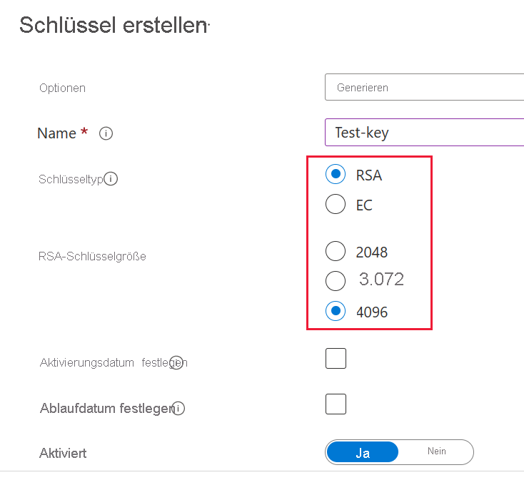 Screenshot der Auswahl von RSA-Schlüsseltyp und -größe.