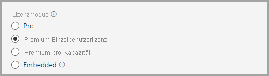 Screenshot des Informationsbereichs „Lizenzmodus“. Premium-Einzelbenutzerlizenz ausgewählt ist.