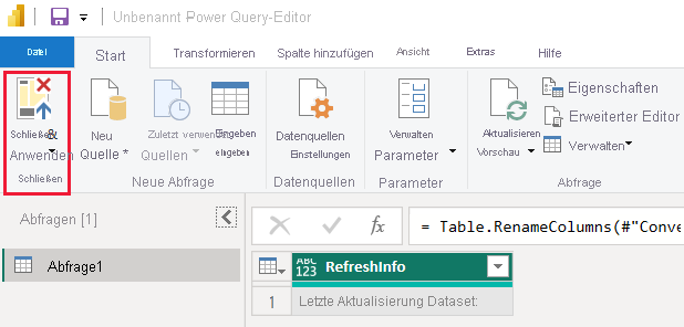 A screenshot showing the close and apply button in the power query editor in Power B I Desktop.