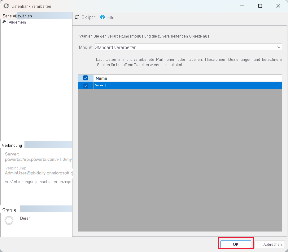 A screenshot showing the process database window with the O K button highlighted.