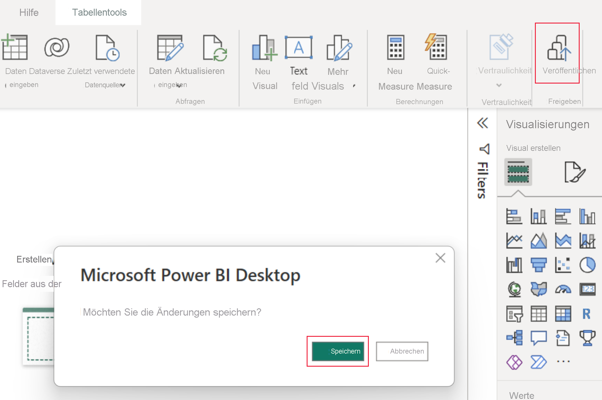 A screenshot showing the Microsoft Power B I Desktop pop up window after the publish button is selected. The publish and save buttons are highlighted.