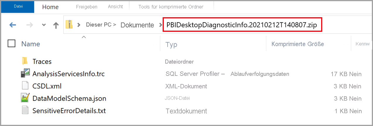 Screenshot of an Explorer window showing the path to the diagnostics ZIP file and the contents.