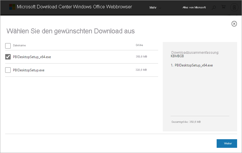 Screenshot des Download Center mit dem Kontrollkästchen für die 64-Bit-Version von Power BI Desktop.