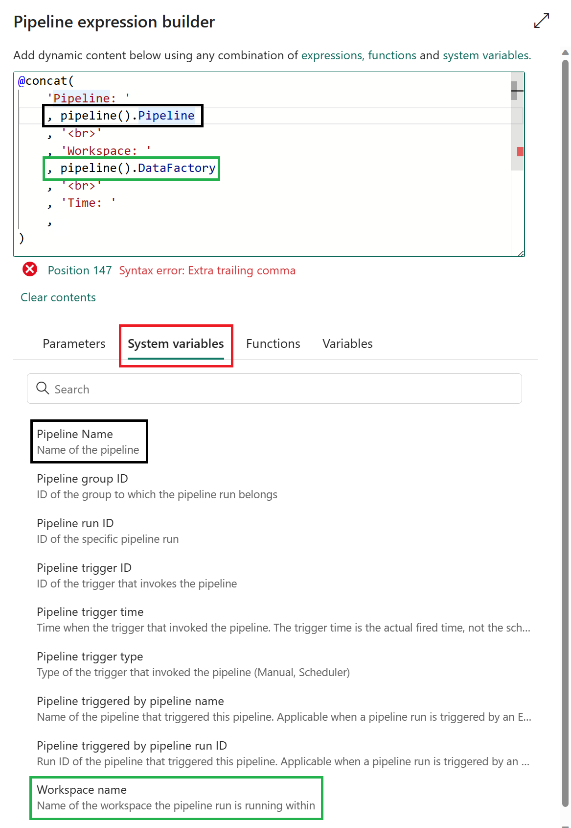 Screenshot der Pipeline-Systemvariablen.