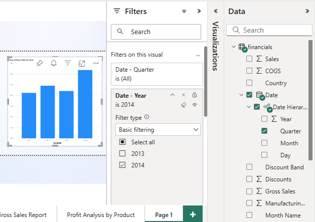 Screenshot, der ein Säulendiagramm als Visualisierung für die ausgewählten Datenelemente zeigt.