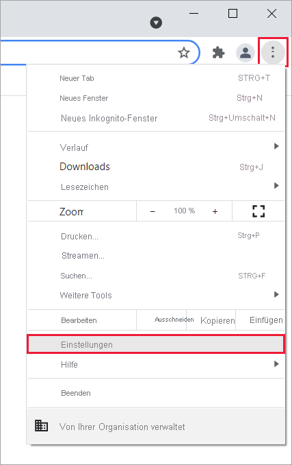 Screenshot von Google Chrome mit der Menüschaltfläche