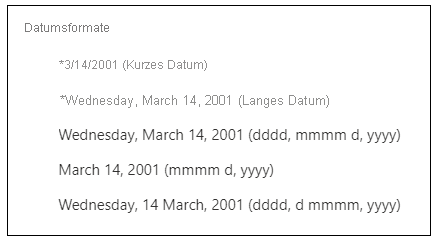 Screenshot zeigt verschiedene Datumsformate, wie z. B. kurzes Datum, langes Datum und mmmm d, jjjj.