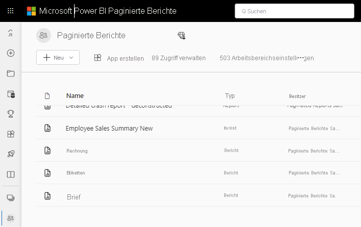 Screenshot: Paginierte Berichte im Power BI-Dienst.