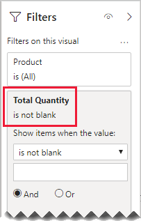 Diagramm mit dem Filterbereich für den Product-Slicer, der jetzt nach „Total Quantity is not blank“ gefiltert ist