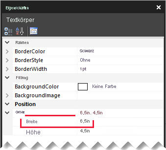 Image shows the Properties pane, highlighting the report body width property.