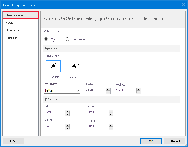 Image shows the Report Properties window, highlighting the Page Setup page.