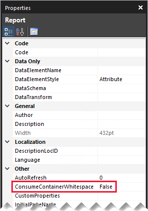 Image shows the Properties pane, highlighting the ConsumeContainerWhitespace property.