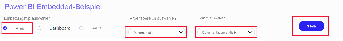 Screenshot der Beispiel-App für die Power BI-Einbettung