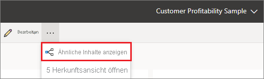 Screenshot des Power BI-Diensts mit hervorgehobenem Symbol „Weitere Optionen“ und der Option „Verwandte Inhalte anzeigen“