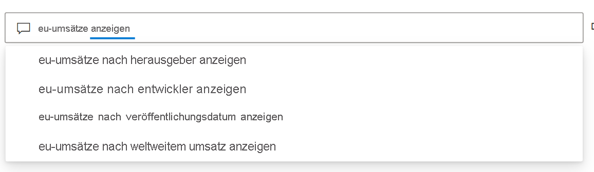 Screenshot: Eingabe eines Ausdrucks in das Q&A-Suchfeld mit AutoComplete-Ausdrücken in der Dropdownliste