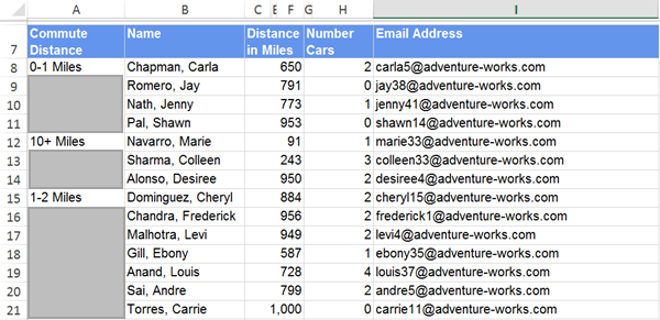 Screenshot: Zeilen eines in Excel exportierten Berichts