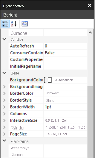 Screenshot des Bereichs „Berichtseigenschaften“.