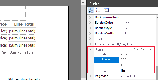Screenshot der Berichtseigenschaften, der zeigt, wo die Ränder des Berichts zu finden und zu bearbeiten sind.