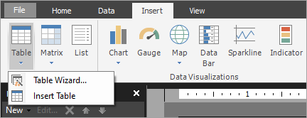 Screenshot der Schaltflächen Tabelle, Matrix und Liste im Report Builder.