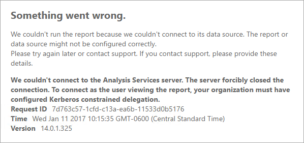 Screenshot von Power BI-Berichte mit einer Fehlermeldung zu Problemen beim Herstellen einer Verbindung mit dem Analysis Services-Server