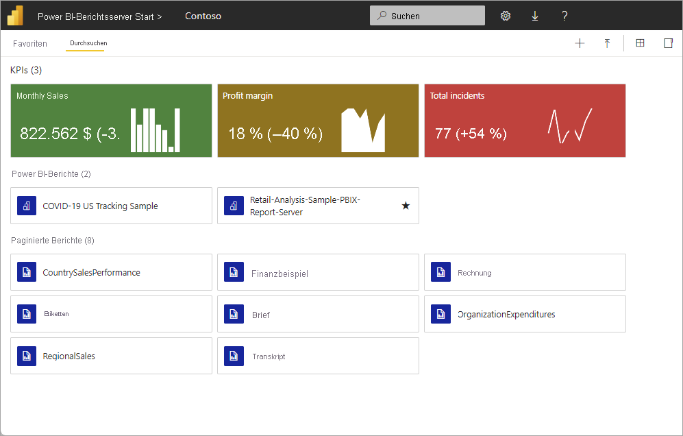 Der Screenshot zeigt das Webportal des Power BI-Berichtsservers.