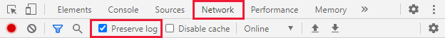 Screenshot der Entwickler-Tools von Google Chrome mit ausgewählter Registerkarte „Network“ (Netzwerk) und aktivierter Option „Preserve log“ (Protokoll beibehalten).