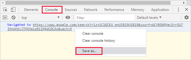 Screenshot der Entwickler-Tools von Google Chrome mit ausgewählter Registerkarte „Console“ (Konsole) und angezeigter Option „Save as“ (Speichern unter).