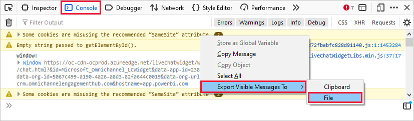 Screenshot mit ausgewählter Registerkarte „Console“ (Konsole) und der ausgewählten Option „Export Visible Messages To“ (Angezeigte Nachrichten exportieren in).