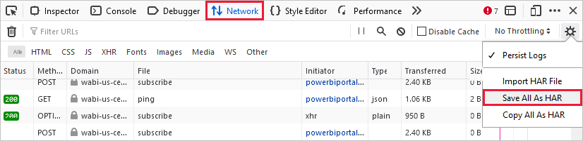 Screenshot mit ausgewählter Registerkarte „Network“ (Netzwerk) und dem ausgewählten Menü zum Importieren/Exportieren von HAR-Dateien und der ausgewählten Option „Save All As HAR“ (Alle als HAR speichern).