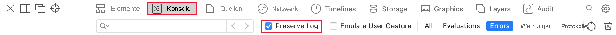 Screenshot des Menüs „Webinspektor“ mit ausgewählter Registerkarte „Console“ (Konsole) und aktivierter Option „Preserve log“ (Protokoll beibehalten).