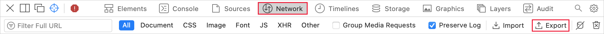 Screenshot der Registerkarte „Network“ (Netzwerk) mit ausgewählter Option „Export“.