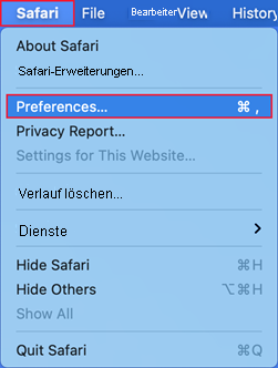 Screenshot des Menüs „Apple Safari“ mit ausgewählter Option „Preferences“ (Einstellungen).