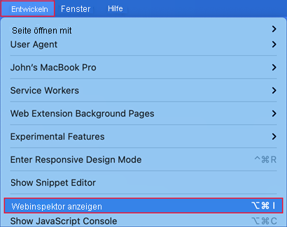 Screenshot des Menüs „Develop“ (Entwickeln) mit ausgewählter Option „Show Web Inspector“ (Webinspektor anzeigen).