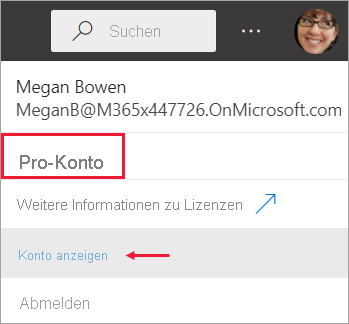 Screenshot: Anzeigen des Lizenztyps mit dem Kontoprofil