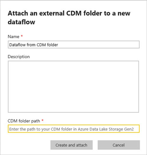 Screenshot des Bildschirms „Neuen CDM-Ordner an neuen Dataflow anfügen“