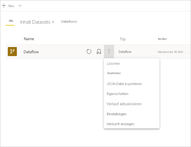 Screenshot eines ausgewählten Dataflows mit geöffnetem Dropdownmenü „Mehr“