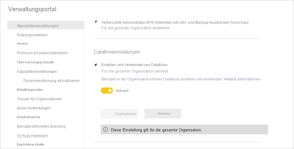 Verwaltungsportal für Dataflows in Power BI Premium