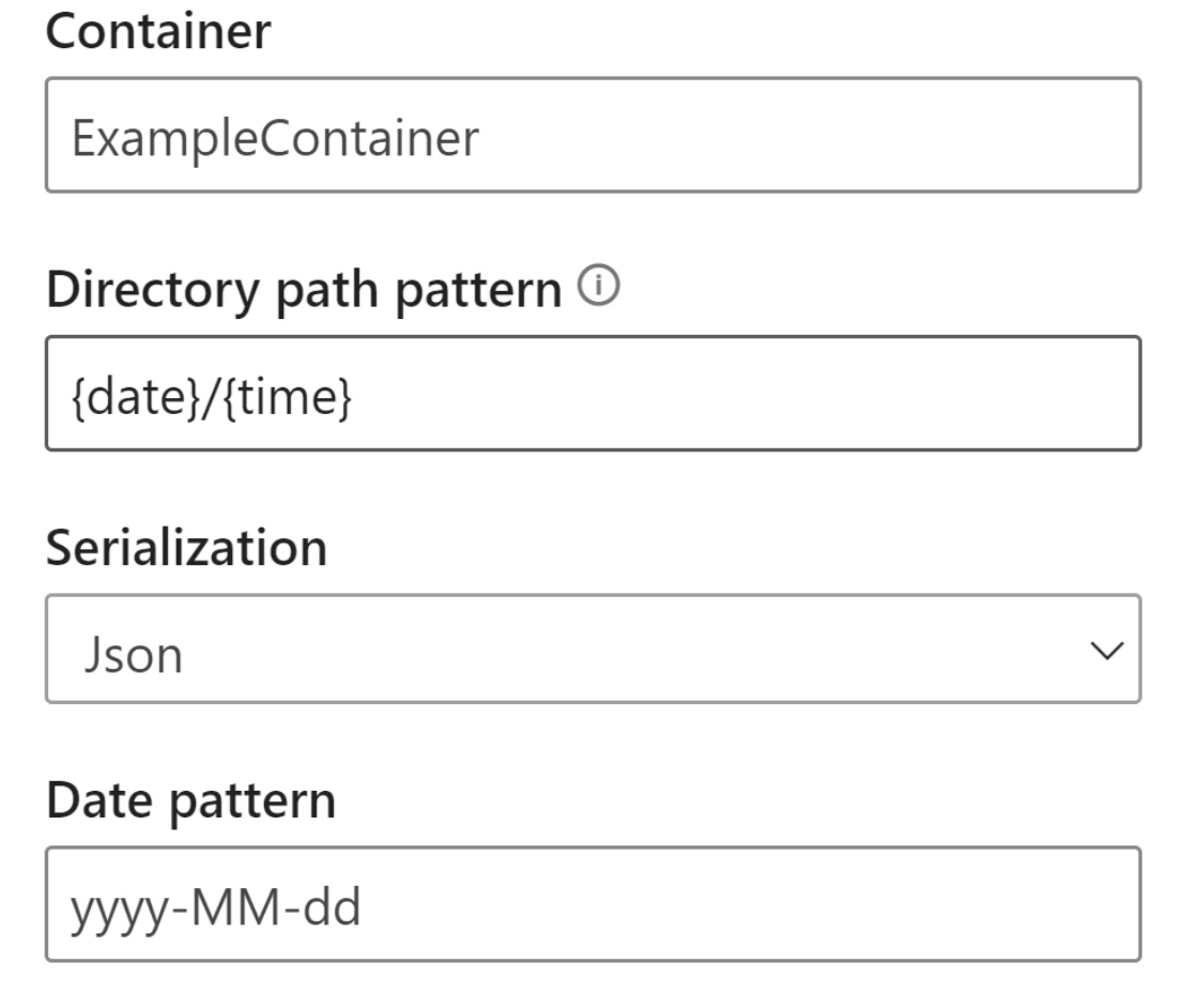 Screenshot, der die Stream-Blob-Eingabefelder zeigt, die zur Konfiguration des Beispielcontainers verwendet werden.