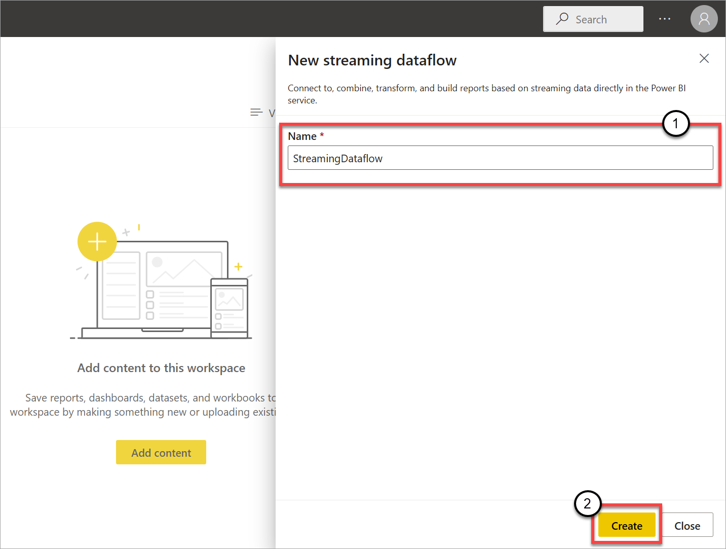 Screenshot des neuen Bereichs für Streaming-Dataflows mit hervorgehobenem Namen und Erstellung.